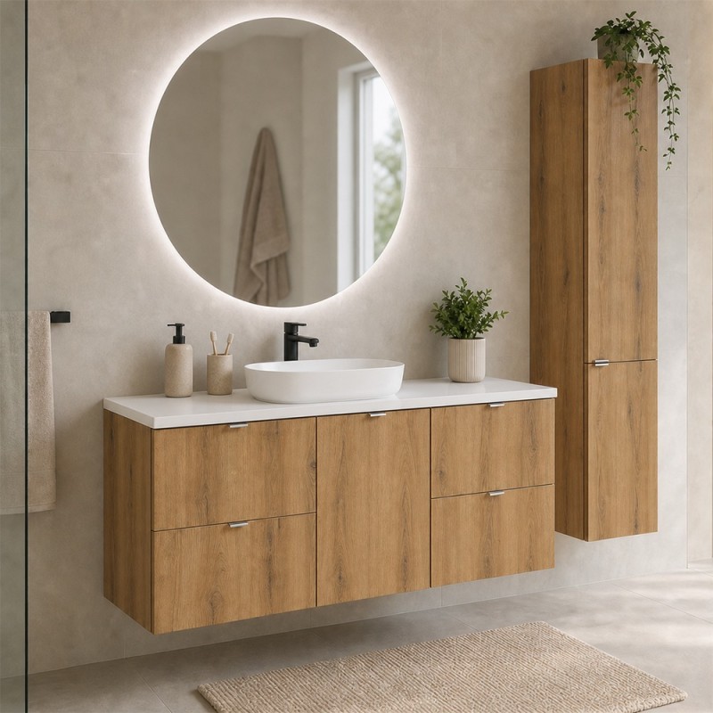 Set mobilier de baie Nova Oak, PAL melaminat, stejar evoke, blat alb mat, L.140 cm, SET-NOA B WHITE 140CM S