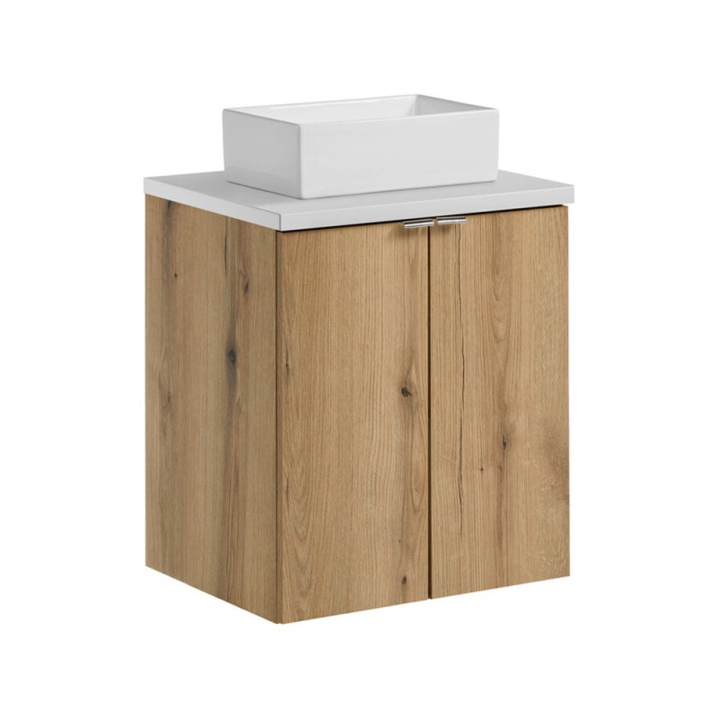 Set mobilier de baie Nova Oak, PAL melaminat, stejar evoke, blat alb mat, L.50 cm, lavoar Gaja, SET-NOA B WHITE 50CM D UN GAJA 35 SW