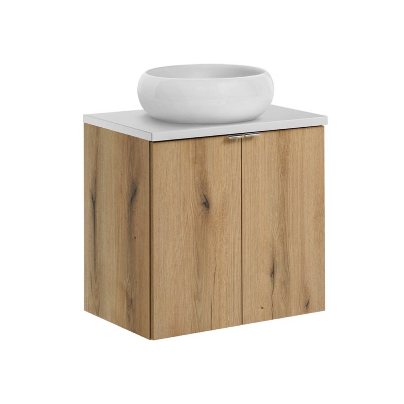 Set mobilier de baie Nova Oak, PAL melaminat, stejar evoke, blat alb mat, L.60 cm, lavoar Wiki, SET-NOA B WHITE 60CM D UN WIKI SW