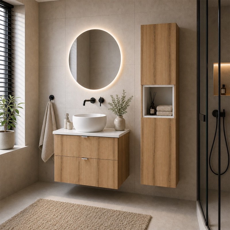Set mobilier de baie Nova Oak, PAL melaminat, stejar evoke, blat alb mat, L.60 cm, lavoar Wiki, dulap inalt H.140 cm, SET-NOA B WHITE 60CM S UN WIKI SW HC