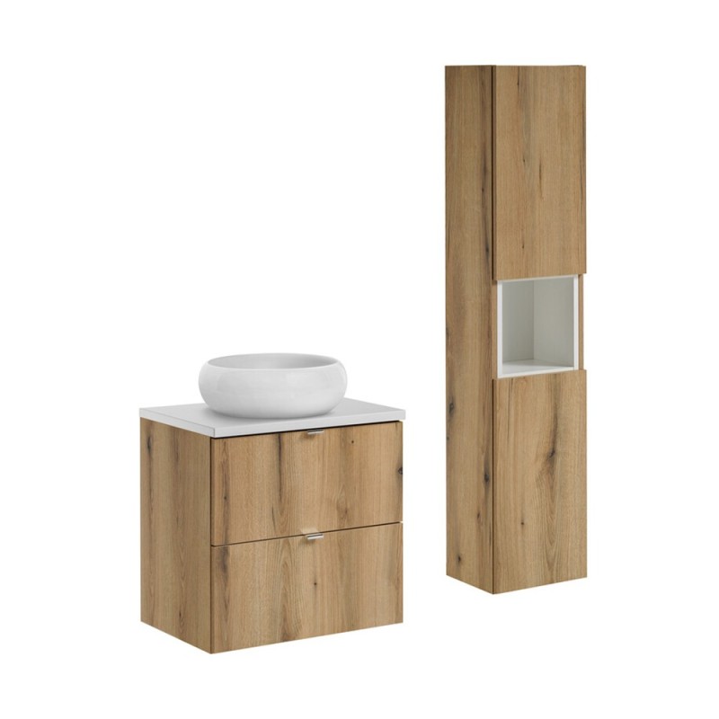 Set mobilier de baie Nova Oak, PAL melaminat, stejar evoke, blat alb mat, L.60 cm, lavoar Wiki, dulap inalt H.140 cm, SET-NOA B WHITE 60CM S UN WIKI SW HC