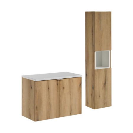 Set mobilier de baie Nova Oak, PAL melaminat, stejar evoke, blat alb mat, L.80 cm, dulap inalt H.140 cm, SET-NOA B WHITE 80CM D HC