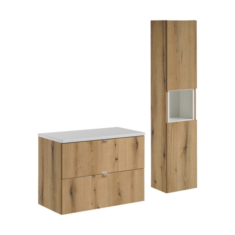 Set mobilier de baie Nova Oak, PAL melaminat, stejar evoke, blat alb mat, L.80 cm, dulap inalt H.140 cm, SET-NOA B WHITE 80CM S HC