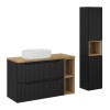 Set mobilier de baie Nova Black, MDF, PAL melaminat, negru mat, blat stejar evoke, L.100 cm, lavoar Beyond, dulap inalt H.140 cm, SET-NOB B OAK 100CM UN BEYOND WH HC LR