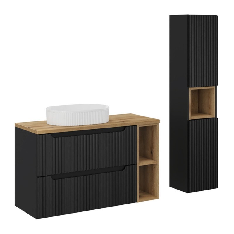 Set mobilier de baie Nova Black, MDF, PAL melaminat, negru mat, blat stejar evoke, L.100 cm, lavoar Beyond, dulap inalt H.140 cm, SET-NOB B OAK 100CM UN BEYOND WH HC LR