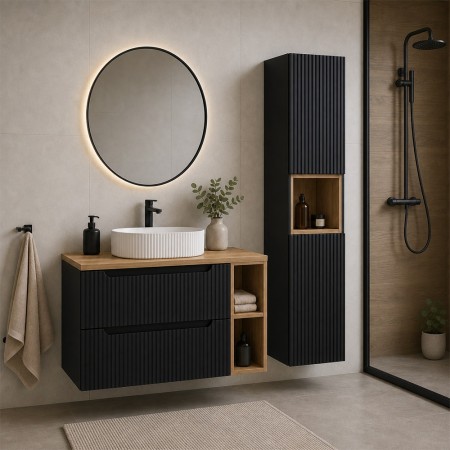 Set mobilier de baie Nova Black, MDF, PAL melaminat, negru mat, blat stejar evoke, L.100 cm, lavoar Beyond, dulap inalt H.140 cm, SET-NOB B OAK 100CM UN BEYOND WH HC LR