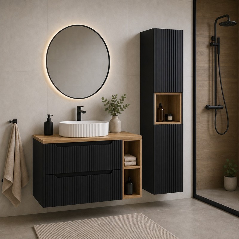 Set mobilier de baie Nova Black, MDF, PAL melaminat, negru mat, blat stejar evoke, L.100 cm, lavoar Beyond, dulap inalt H.140 cm, SET-NOB B OAK 100CM UN BEYOND WH HC LR