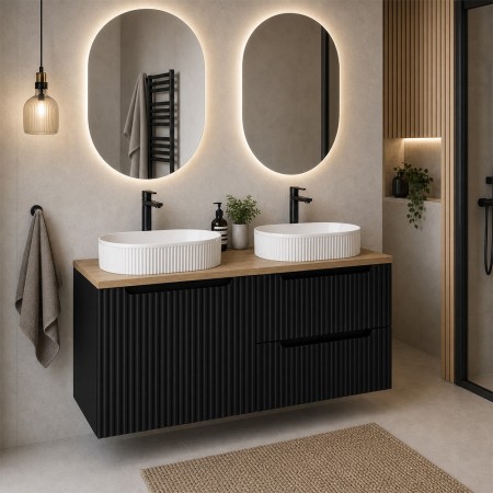 Set mobilier de baie Nova Black, MDF, PAL melaminat, negru mat, blat stejar evoke, L.120 cm, lavoare Beyond, SET-NOB B OAK 120CM UN BEYOND 5 WH