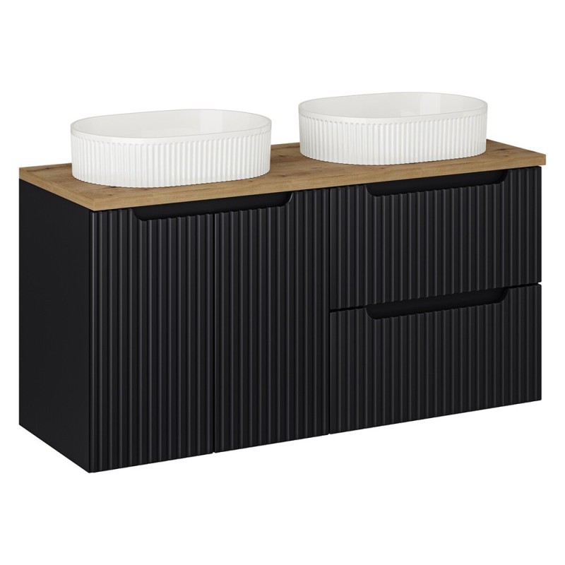 Set mobilier de baie Nova Black, MDF, PAL melaminat, negru mat, blat stejar evoke, L.120 cm, lavoare Beyond, SET-NOB B OAK 120CM UN BEYOND 5 WH