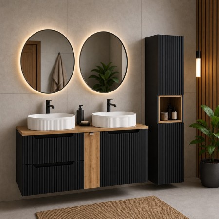 Set mobilier de baie Nova Black, MDF, PAL melaminat, negru mat, blat stejar evoke, L.140 cm, lavoare Beyond, dulap inalt H.140 cm, SET-NOB B OAK 140CM UN BEYOND 5 WH HC
