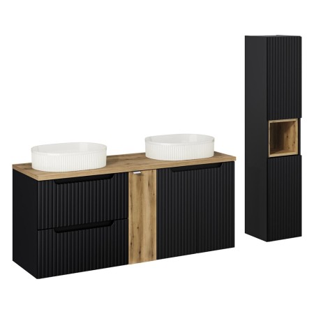 Set mobilier de baie Nova Black, MDF, PAL melaminat, negru mat, blat stejar evoke, L.140 cm, lavoare Beyond, dulap inalt H.140 cm, SET-NOB B OAK 140CM UN BEYOND 5 WH HC