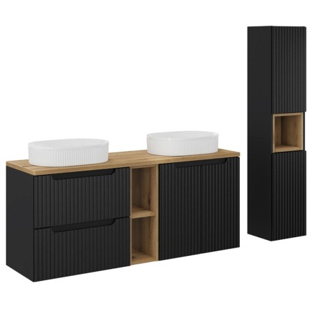 Set mobilier de baie Nova Black, MDF, PAL melaminat, negru mat, blat stejar evoke, L.140 cm, lavoare Beyond, dulap inalt H.140 cm, SET-NOB B OAK 140CM UN BEYOND WH HC LR