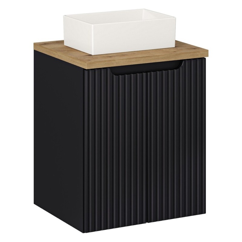 Set mobilier de baie Nova Black, MDF, PAL melaminat, negru mat, blat stejar evoke, L.50 cm, lavoar Gaja, SET-NOB B OAK 50CM D UN GAJA 35