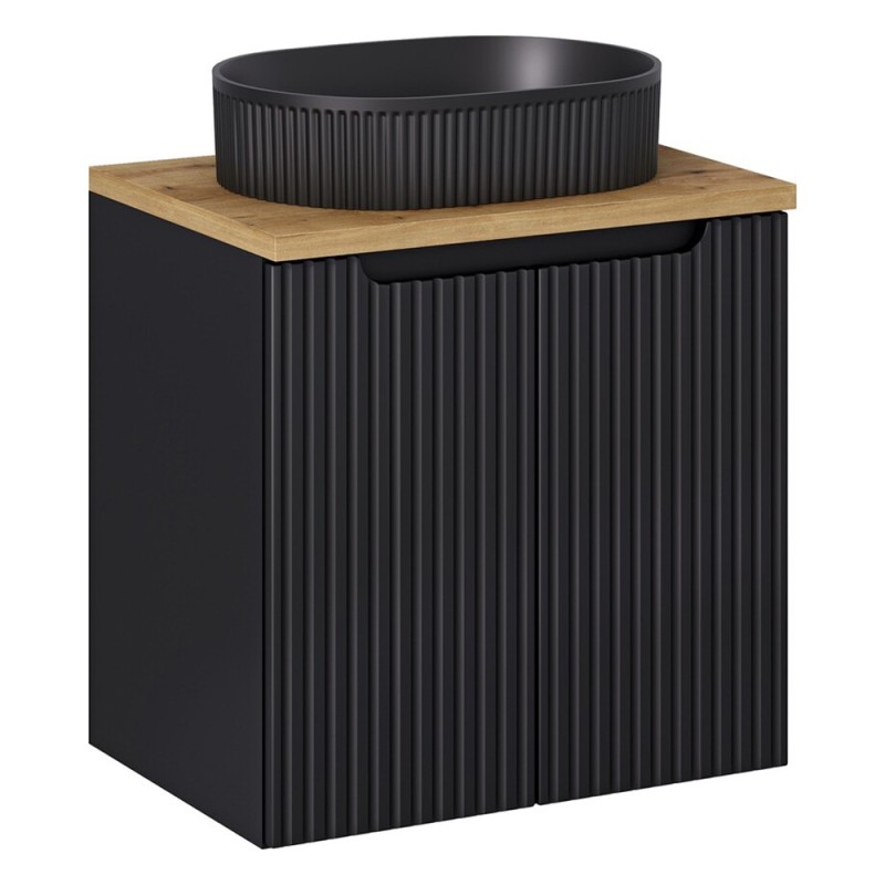 Set mobilier de baie Nova Black, MDF, PAL melaminat, negru mat, blat stejar evoke, L.60 cm, lavoar Beyond, SET-NOB B OAK 60CM D UN BEYOND 5 BM