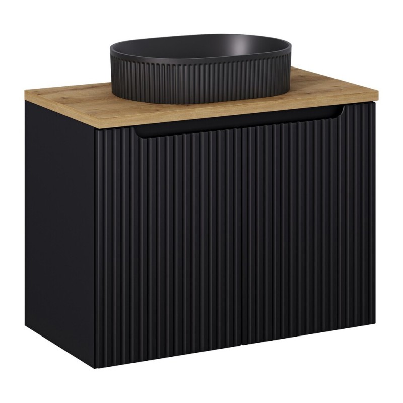 Set mobilier de baie Nova Black, MDF, PAL melaminat, negru mat, blat stejar evoke, L.80 cm, lavoar Beyond, SET-NOB B OAK 80CM D UN BEYOND 5 BM