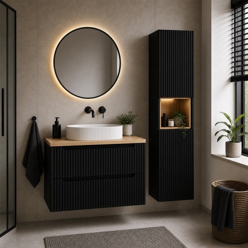 Set mobilier de baie Nova Black, MDF, PAL melaminat, negru mat, blat stejar evoke, L.80 cm, lavoar Beyond, dulap inalt H.140 cm, SET-NOB B OAK 80CM UN BEYOND 5 WH HC