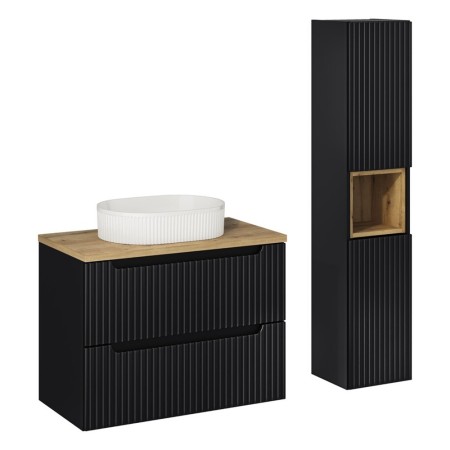 Set mobilier de baie Nova Black, MDF, PAL melaminat, negru mat, blat stejar evoke, L.80 cm, lavoar Beyond, dulap inalt H.140 cm, SET-NOB B OAK 80CM UN BEYOND 5 WH HC