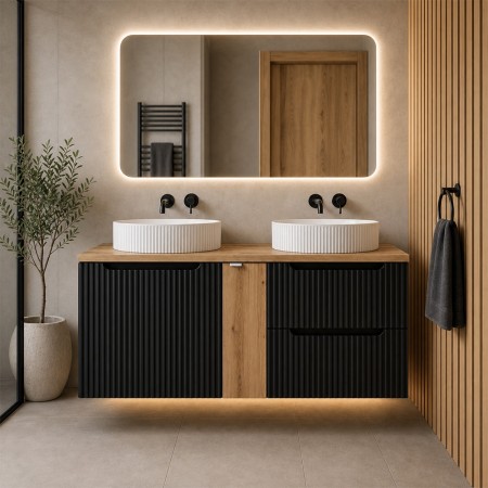 Set mobilier de baie Nova Black, MDF, PAL melaminat, negru mat, blat stejar evoke, L.140 cm, lavoare Beyond, SET-NOB B OAK 140CM UN BEYOND 5 WH