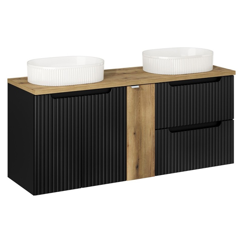 Set mobilier de baie Nova Black, MDF, PAL melaminat, negru mat, blat stejar evoke, L.140 cm, lavoare Beyond, SET-NOB B OAK 140CM UN BEYOND 5 WH