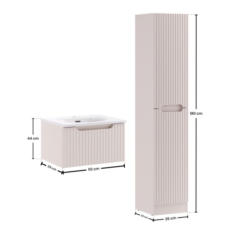 Set mobilier de baie Nova Cashmere, MDF, PAL melaminat, cashmir mat, lavoar Sky, L.50 cm, dulap inalt H.180 cm, SET-NOC 50CM 1S SKY 3 HCLB