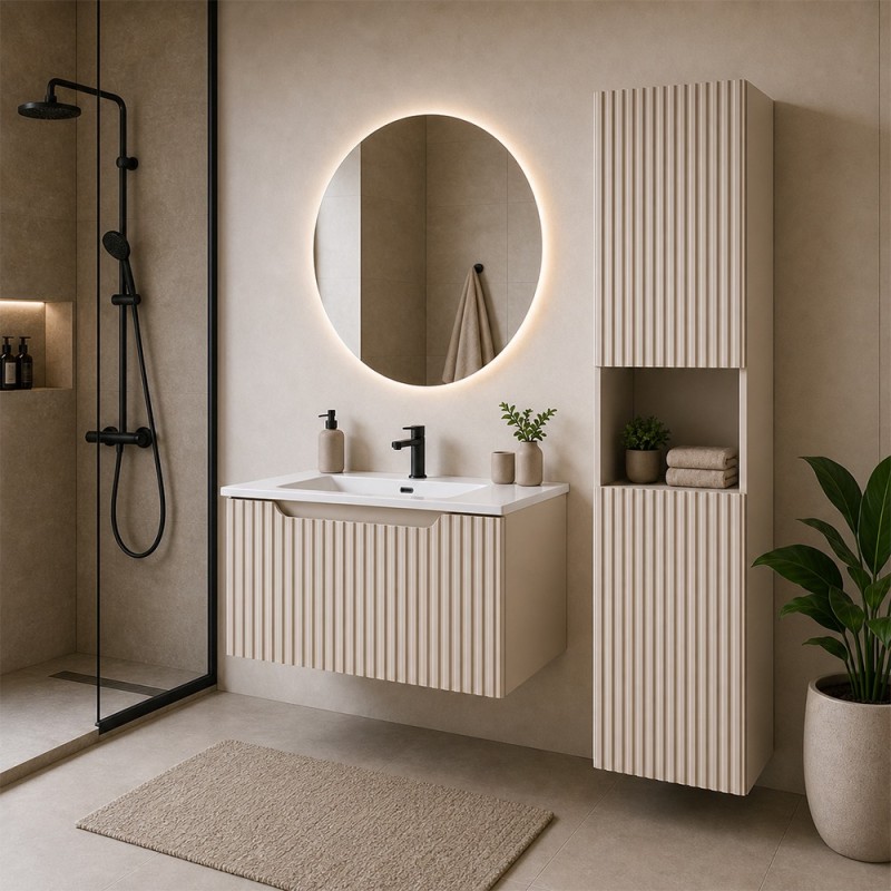 Set mobilier de baie Nova Cashmere, MDF, PAL melaminat, cashmir mat, lavoar Sky, L.60 cm, dulap inalt H.140 cm, SET-NOC 60CM 1S SKY 3 HC