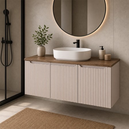 Set mobilier de baie Nova Cashmere, MDF, PAL melaminat, cashmir mat, blat stejar cassela, L.120 cm, SET-NOC B NAT CASELLA 120CM