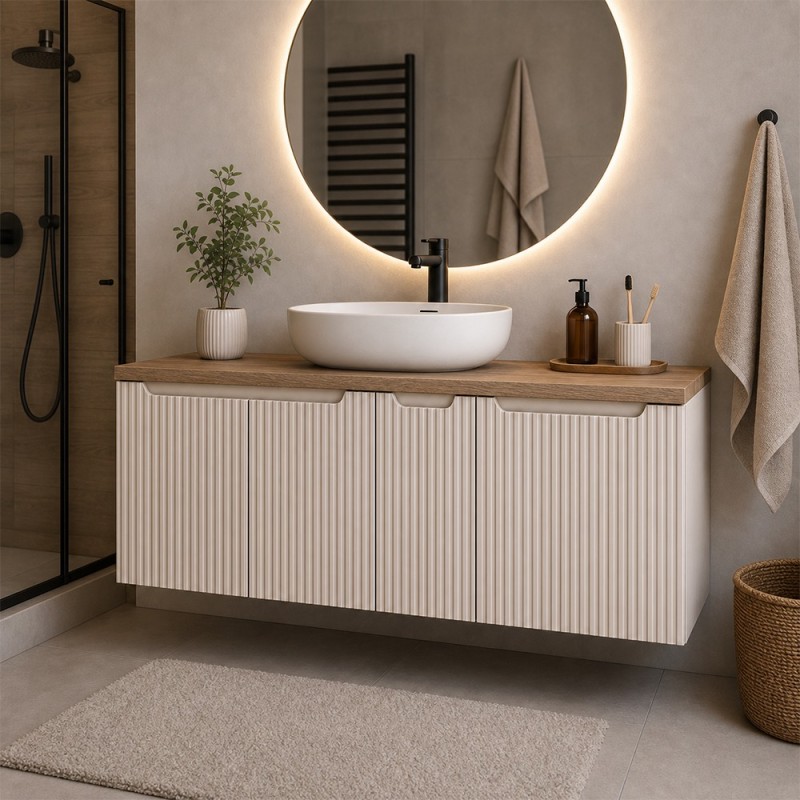 Set mobilier de baie Nova Cashmere, MDF, PAL melaminat, cashmir mat, blat stejar cassela, L.140 cm, SET-NOC B NAT CASELLA 140CM