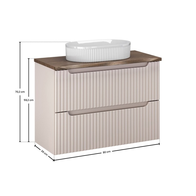Set mobilier de baie Nova Cashmere, MDF, PAL melaminat, cashmir mat, blat stejar cassela, L.80 cm, lavoar Beyond, SET-NOC B NAT CASELLA 80CM UN BEYOND