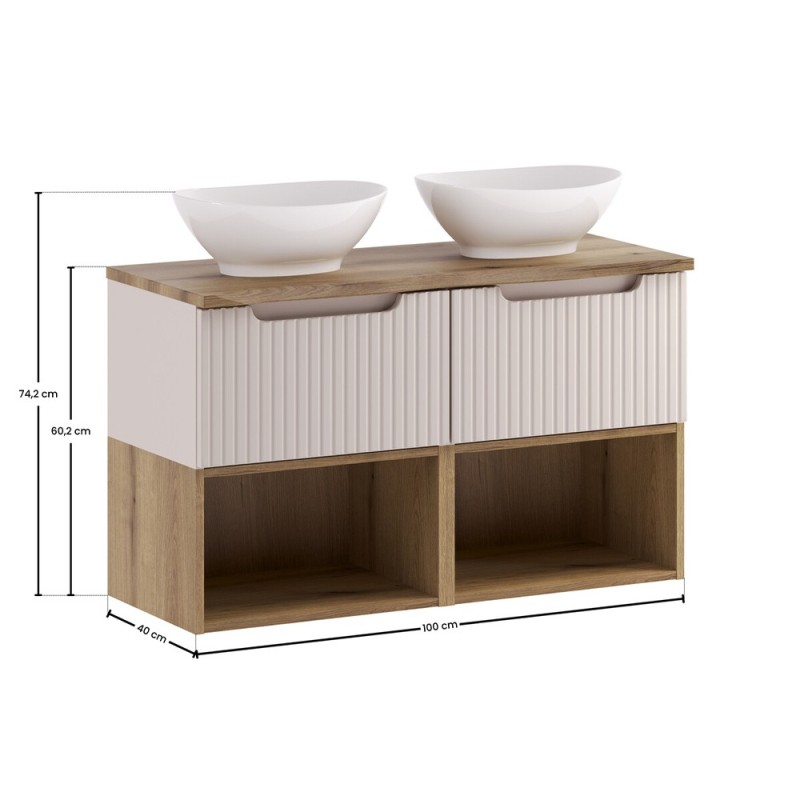 Set mobilier de baie Nova Cashmere, MDF, PAL melaminat, cashmir mat, blat stejar evoke, L.100 cm, lavoare Lola, SET-NOC B OAK 100CM 1S UN LOLA LR