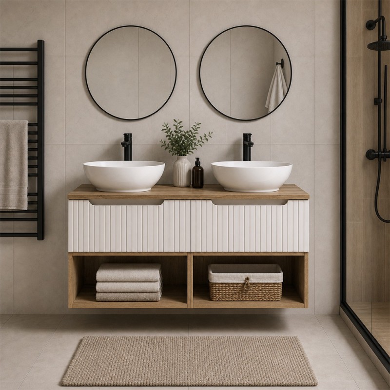 Set mobilier de baie Nova Cashmere, MDF, PAL melaminat, cashmir mat, blat stejar evoke, L.100 cm, lavoare Lola, SET-NOC B OAK 100CM 1S UN LOLA LR