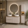 Set mobilier de baie Nova Cashmere, MDF, PAL melaminat, cashmir mat, blat stejar evoke, L.120 cm, lavoare Beyond, dulap inalt H.140 cm, SET-NOC B OAK 120CM D/S UN BEYOND 5 WH HC