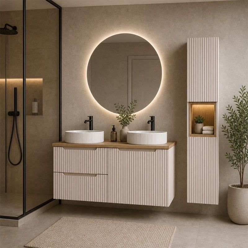 Set mobilier de baie Nova Cashmere, MDF, PAL melaminat, cashmir mat, blat stejar evoke, L.120 cm, lavoare Beyond, dulap inalt H.140 cm, SET-NOC B OAK 120CM D/S UN BEYOND 5 WH HC