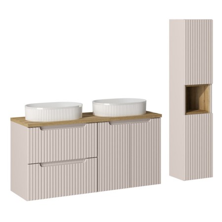 Set mobilier de baie Nova Cashmere, MDF, PAL melaminat, cashmir mat, blat stejar evoke, L.120 cm, lavoare Beyond, dulap inalt H.140 cm, SET-NOC B OAK 120CM D/S UN BEYOND 5 WH HC