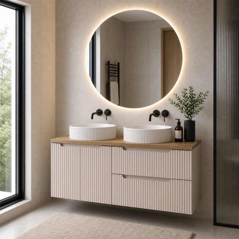 Set mobilier de baie Nova Cashmere, MDF, PAL melaminat, cashmir mat, blat stejar evoke, L.120 cm, lavoare Beyond, SET-NOC B OAK 120CM D/S UN BEYOND 5 WH