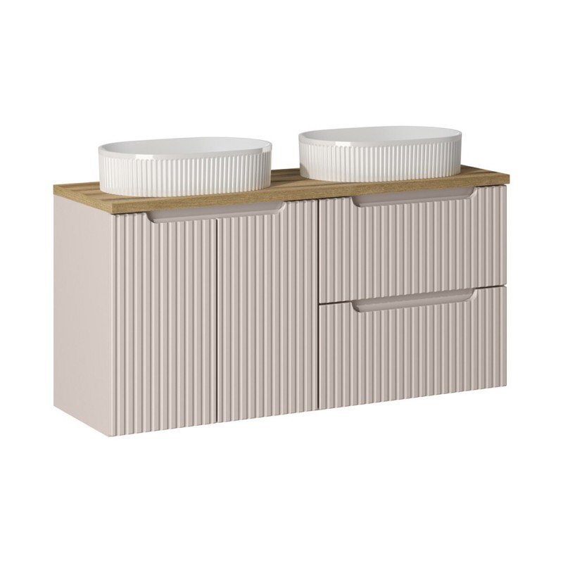 Set mobilier de baie Nova Cashmere, MDF, PAL melaminat, cashmir mat, blat stejar evoke, L.120 cm, lavoare Beyond, SET-NOC B OAK 120CM D/S UN BEYOND 5 WH