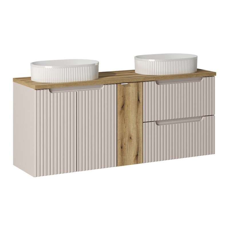 Set mobilier de baie Nova Cashmere, MDF, PAL melaminat, cashmir mat, blat stejar evoke, L.140 cm, lavoare Beyond, SET-NOC B OAK 140CM D/S UN BEYOND 5 WH