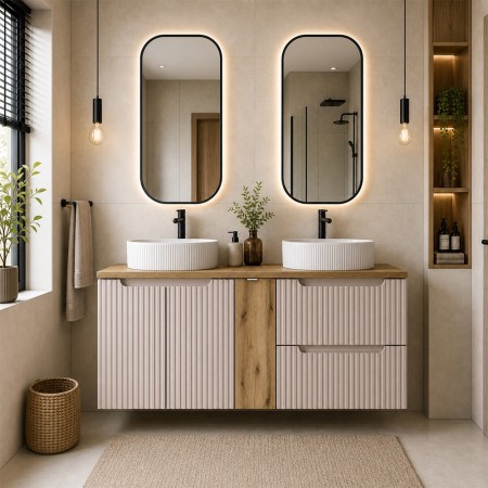 Set mobilier de baie Nova Cashmere, MDF, PAL melaminat, cashmir mat, blat stejar evoke, L.140 cm, lavoare Beyond, SET-NOC B OAK 140CM D/S UN BEYOND 5 WH