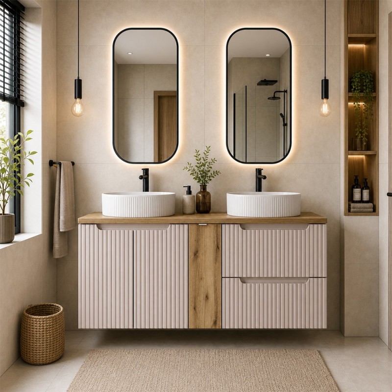 Set mobilier de baie Nova Cashmere, MDF, PAL melaminat, cashmir mat, blat stejar evoke, L.140 cm, lavoare Beyond, SET-NOC B OAK 140CM D/S UN BEYOND 5 WH