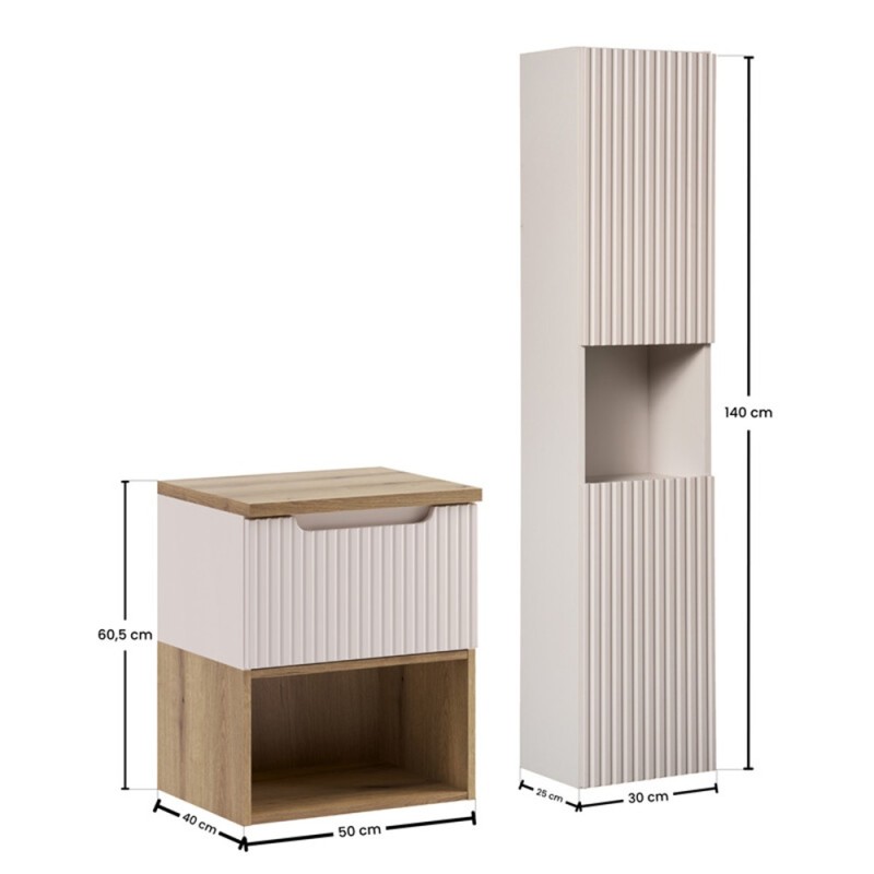 Set mobilier de baie Nova Cashmere, MDF, PAL melaminat, cashmir mat, blat stejar evoke, L.50 cm, dulap inalt H.140 cm, SET-NOC B OAK 50CM 1S LR HC
