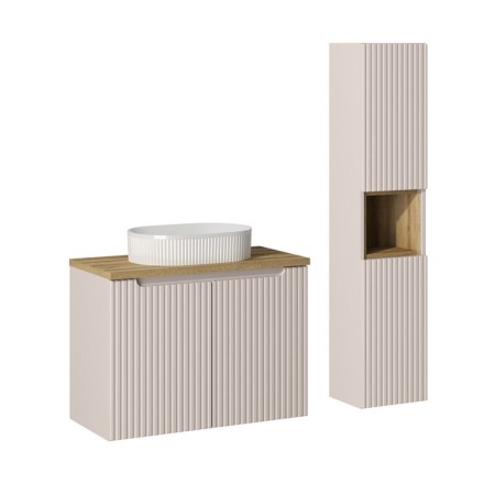 Set mobilier de baie Nova Cashmere, MDF, PAL melaminat, cashmir mat, blat stejar evoke, L.80 cm, lavoar Beyond, dulap inalt H.140 cm, SET-NOC B OAK 80CM D UN BEYOND 5 WH HC