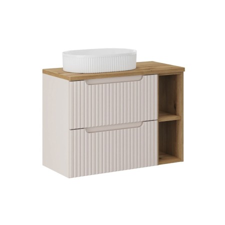 Set mobilier de baie Nova Cashmere, MDF, PAL melaminat, cashmir mat, blat stejar evoke, L.80 cm, lavoar Beyond, SET-NOC B OAK 80CM UN BEYOND WH LR