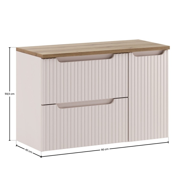 Set mobilier de baie Nova Cashmere, MDF, PAL melaminat, cashmir mat, blat stejar evoke, L.90 cm, SET-NOC B OAK 90CM S LC