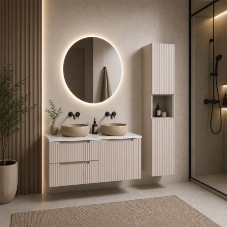 Set mobilier de baie Nova Cashmere, MDF, PAL melaminat, cashmir mat, blat alb mat, L.120 cm, lavoare Wiki, dulap inalt H.140 cm, SET-NOC B WHITE 120CM D/S UN WIKI C HC