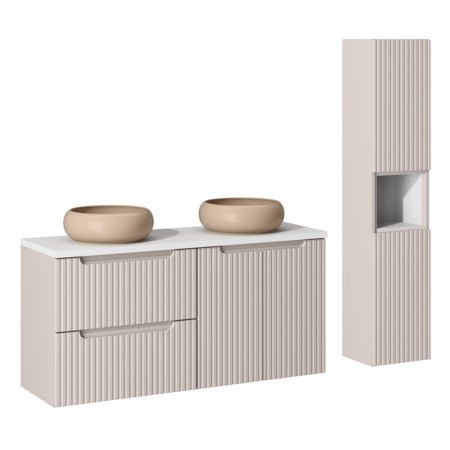 Set mobilier de baie Nova Cashmere, MDF, PAL melaminat, cashmir mat, blat alb mat, L.120 cm, lavoare Wiki, dulap inalt H.140 cm, SET-NOC B WHITE 120CM D/S UN WIKI C HC