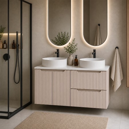Set mobilier de baie Nova Cashmere, MDF, PAL melaminat, cashmir mat, blat alb mat, L.120 cm, lavoare Beyond, SET-NOC B WHITE 120CM D/S UN BEYOND 5 WH