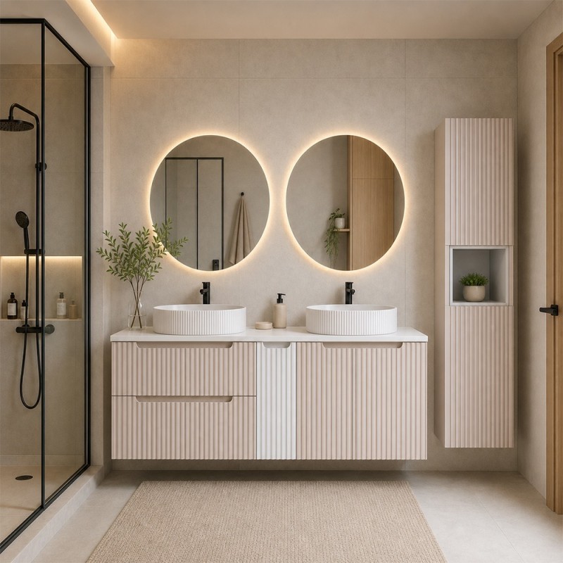 Set mobilier de baie Nova Cashmere, MDF, PAL melaminat, cashmir mat, blat alb mat, L.140 cm, lavoare Beyond, dulap inalt H.140 cm, SET-NOC B WHITE 140CM D/S UN BEYOND 5 WH HC