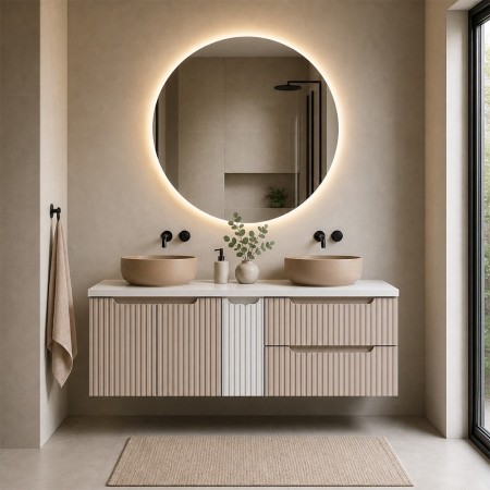 Set mobilier de baie Nova Cashmere, MDF, PAL melaminat, cashmir mat, blat alb mat, L.140 cm, lavoare Wiki, SET-NOC B WHITE 140CM D/S UN WIKI C