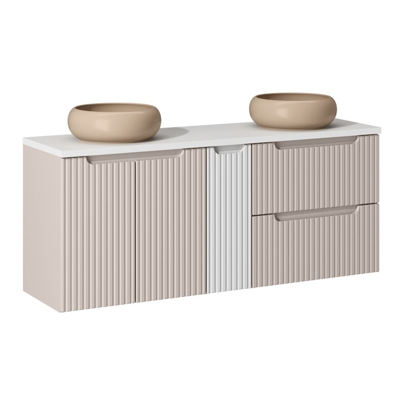 Set mobilier de baie Nova Cashmere, MDF, PAL melaminat, cashmir mat, blat alb mat, L.140 cm, lavoare Wiki, SET-NOC B WHITE 140CM D/S UN WIKI C