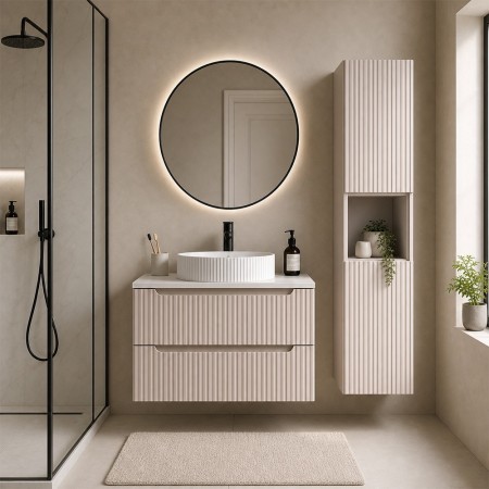 Set mobilier de baie Nova Cashmere, MDF, PAL melaminat, cashmir mat, blat alb mat, L.80 cm, lavoar Beyond, dulap inalt H.140 cm, SET-NOC B WHITE 80CM S UN BEYOND 5 WH HC