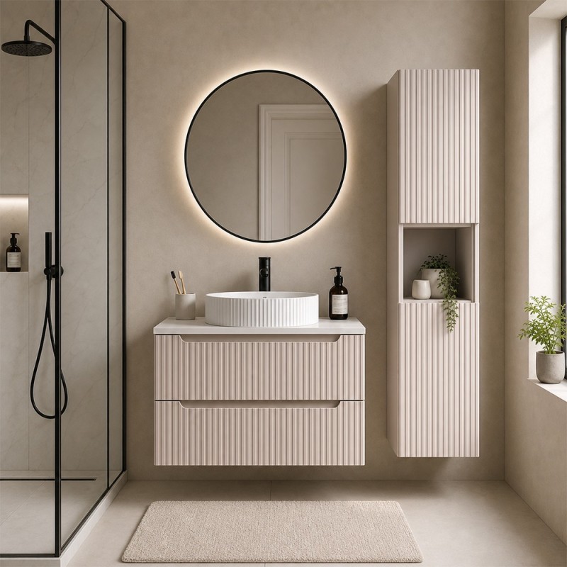 Set mobilier de baie Nova Cashmere, MDF, PAL melaminat, cashmir mat, blat alb mat, L.80 cm, lavoar Beyond, dulap inalt H.140 cm, SET-NOC B WHITE 80CM S UN BEYOND 5 WH HC